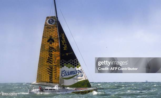 French skippers Romain Attanasio and Aurelien Ducroz sail their "Famille Mary -Etamine du lys" Imoca class monohull after the start of the Transat...