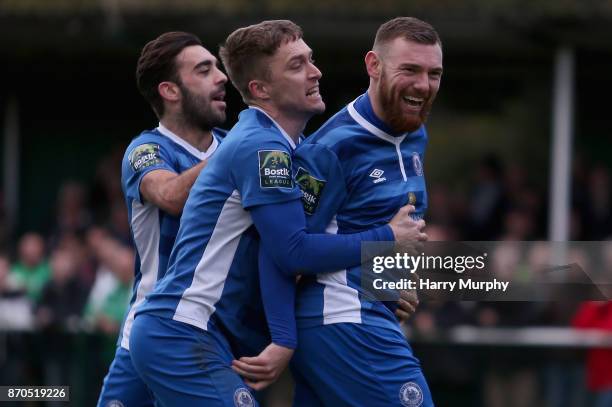 Billy Bricknell of Billericay Town celebrates scoring his sides first goal with teammate Jake Robinson during The Emirates FA Cup First Round match...