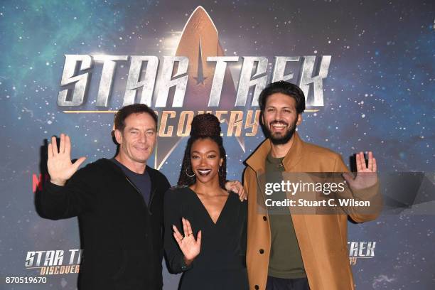 Actors Jason Isaacs, Sonequa Martin-Green and Shazad Latif attend the 'Star Trek: Discovery' photocall at Millbank Tower on November 5, 2017 in...