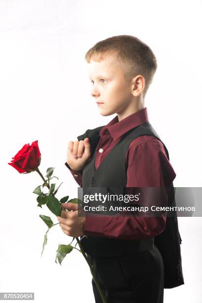 guy with the red rose. young man distinguished figure in a dark suit. - birthday suit ストックフォトと画像