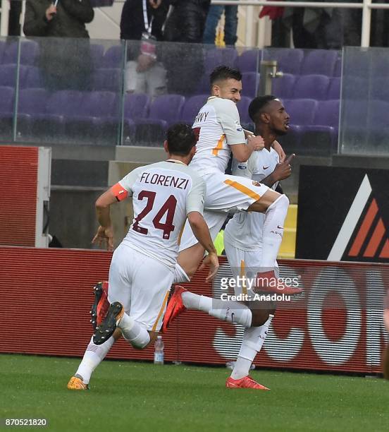 Gerson of AS Roma celebrates his goal with his team mates during Italian Serie A match between ACF Fiorentina and AS Roma at Stadio Artemio Franchi...