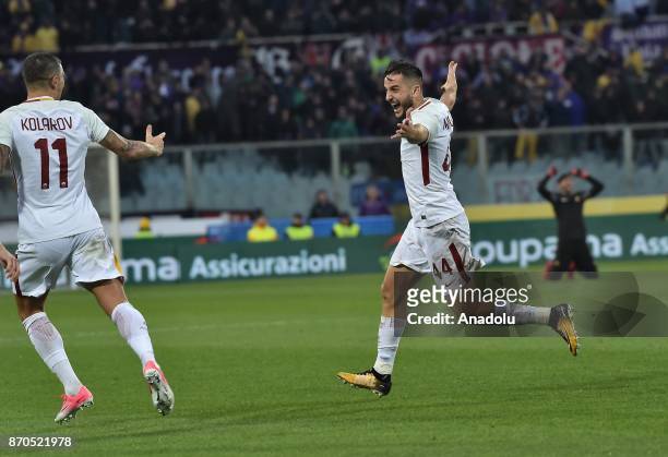 Kostas Manolas of AS Roma celebrates his goal during Italian Serie A match between ACF Fiorentina and AS Roma at Stadio Artemio Franchi in...