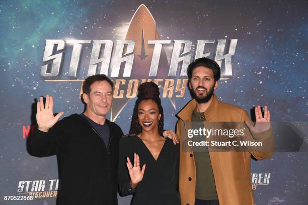Actors Jason Isaacs, Sonequa Martin-Green and Shazad Latif attend the 'Star Trek: Discovery' photocall at Millbank Tower on November 5, 2017 in...