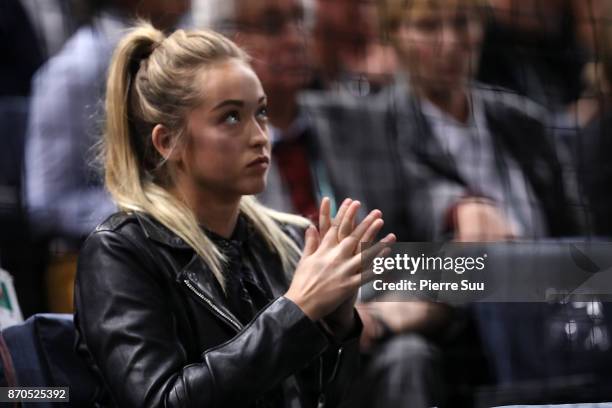 Jack Sock's girlefriend Michala Burns is seen watching the final during the Rolex Paris Masters at Hotel Accor Arena Bercy on November 3, 2017 in...