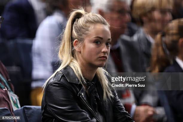 Jack Sock's girlefriend Michala Burns is seen watching the final during the Rolex Paris Masters at Hotel Accor Arena Bercy on November 3, 2017 in...