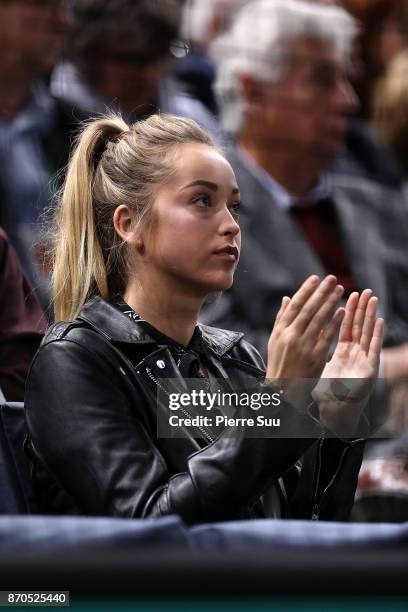 Jack Sock's girlefriend Michala Burns is seen watching the final during the Rolex Paris Masters at Hotel Accor Arena Bercy on November 3, 2017 in...