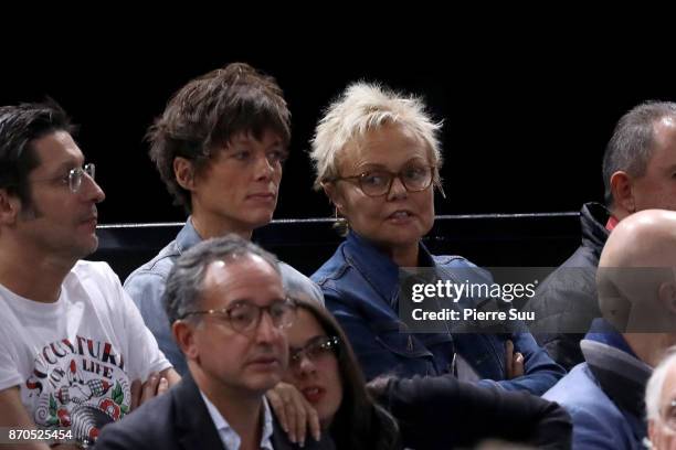 Muriel Robin and her wife Anne Le Nen are seen watching the final during the Rolex Paris Masters at Hotel Accor Arena Bercy on November 3, 2017 in...