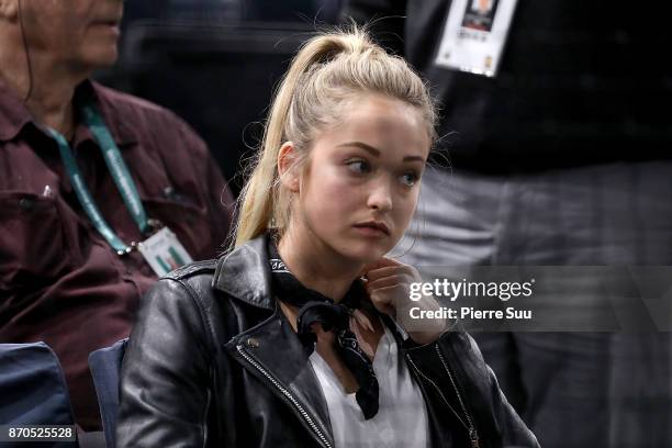 Jack Sock's girlefriend Michala Burns is seen watching the final during the Rolex Paris Masters at Hotel Accor Arena Bercy on November 3, 2017 in...