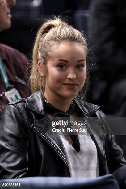 Jack Sock's girlefriend Michala Burns is seen watching the final during the Rolex Paris Masters at Hotel Accor Arena Bercy on November 3, 2017 in...