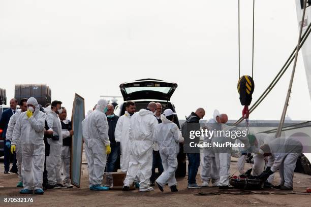 Migrants disembark from the Spanish ship 'Cantabria' in the harbour of Salerno, Italy, 05 November 2017. Spanish Navy ship rescued on 03 November...