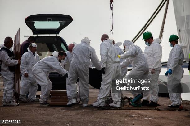 Migrants disembark from the Spanish ship 'Cantabria' in the harbour of Salerno, Italy, 05 November 2017. Spanish Navy ship rescued on 03 November...