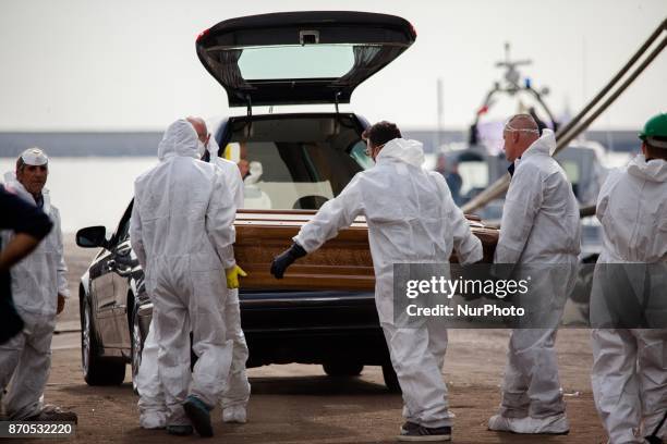 Migrants disembark from the Spanish ship 'Cantabria' in the harbour of Salerno, Italy, 05 November 2017. Spanish Navy ship rescued on 03 November...