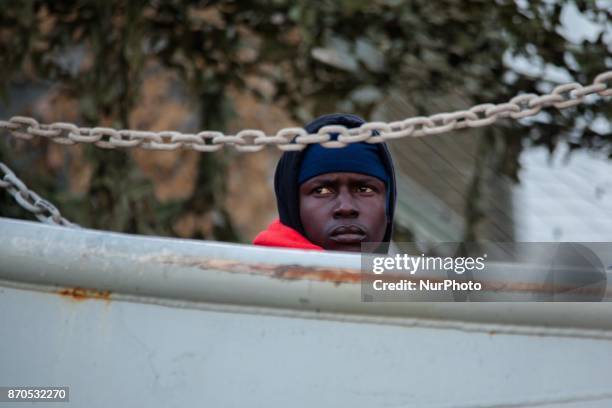 Migrants disembark from the Spanish ship 'Cantabria' in the harbour of Salerno, Italy, 05 November 2017. Spanish Navy ship rescued on 03 November...