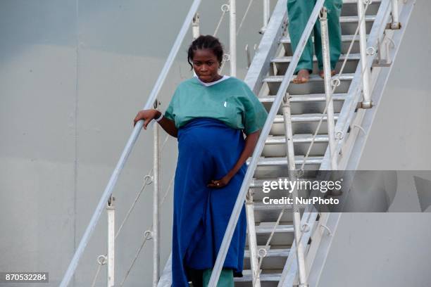 Migrants disembark from the Spanish ship 'Cantabria' in the harbour of Salerno, Italy, 05 November 2017. Spanish Navy ship rescued on 03 November...