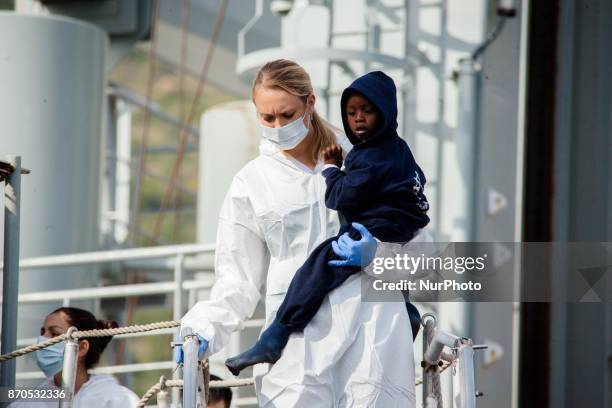 Migrants disembark from the Spanish ship 'Cantabria' in the harbour of Salerno, Italy, 05 November 2017. Spanish Navy ship rescued on 03 November...