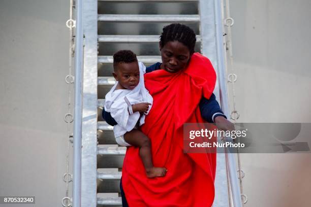 Migrants disembark from the Spanish ship 'Cantabria' in the harbour of Salerno, Italy, 05 November 2017. Spanish Navy ship rescued on 03 November...