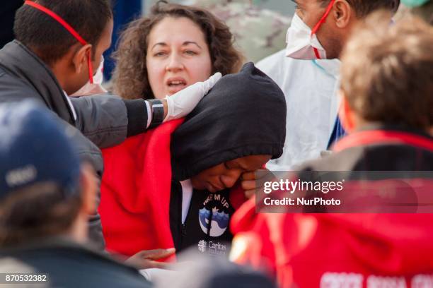 Migrants disembark from the Spanish ship 'Cantabria' in the harbour of Salerno, Italy, 05 November 2017. Spanish Navy ship rescued on 03 November...