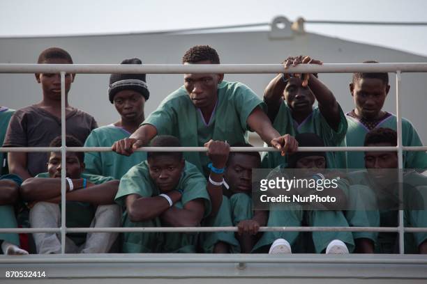 Migrants disembark from the Spanish ship 'Cantabria' in the harbour of Salerno, Italy, 05 November 2017. Spanish Navy ship rescued on 03 November...
