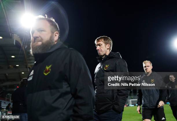 Billy Reid, assistant coach of Ostersunds FK and Graham Potter, head coach of Ostersunds FK walks off the pitch after the Allsvenskan match between...