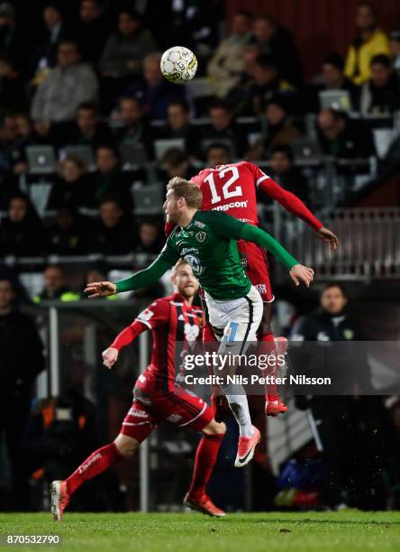 Stefan Karlsson of Jonkopings Sodra and Ken Sema of Ostersunds FK competes for the ball during the Allsvenskan match between Jonkopings Sodra IF and...