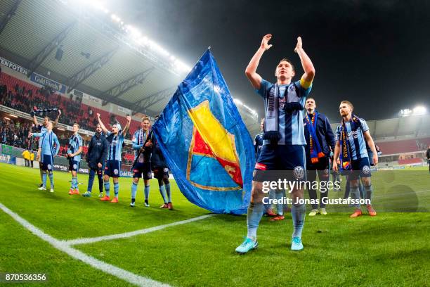 Kim Kallstrom of Djurgardens IF celebrates after the victory during the allsvenskan match between Kalmar FF and Djurgarden IF at Guldfageln Arena on...