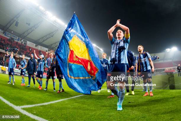 Kim Kallstrom of Djurgardens IF celebrates after the victory during the allsvenskan match between Kalmar FF and Djurgarden IF at Guldfageln Arena on...