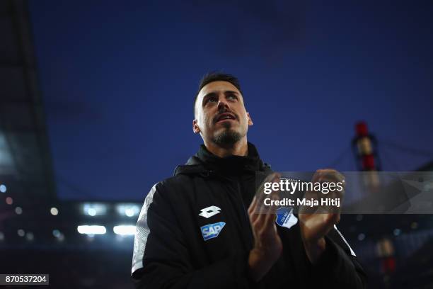 Sandro Wagner of Hoffenheim applauds to the fans after the Bundesliga match between 1. FC Koeln and TSG 1899 Hoffenheim at RheinEnergieStadion on...