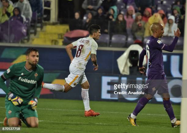 Diego Perotti of AS Roma celebrates his goal during Italian Serie A match between ACF Fiorentina and AS Roma at Stadio Artemio Franchi in...