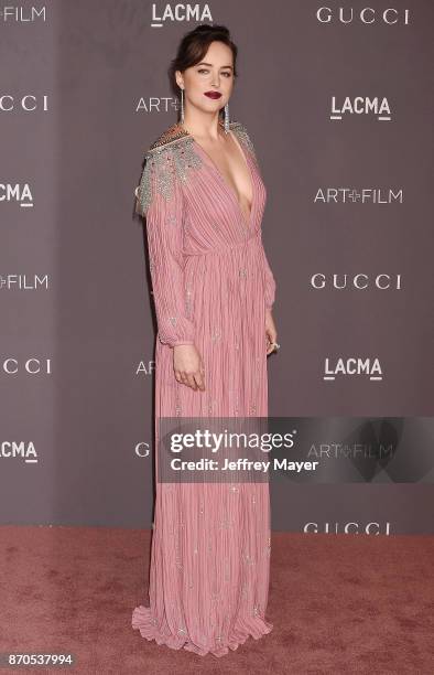 Actor Dakota Johnson attends the 2017 LACMA Art + Film Gala Honoring Mark Bradford and George Lucas presented by Gucci at LACMA on November 4, 2017...