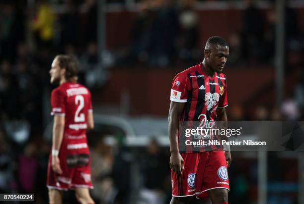 Tom Pettersson and Alhaji Gero of Ostersunds FK dejected during the Allsvenskan match between Jonkopings Sodra IF and Ostersunds FK at...