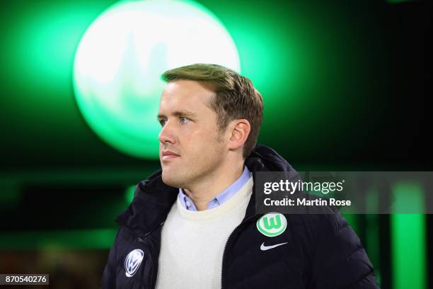 Team manager Olaf Rebbe of Wolfsburg looks on prior to the Bundesliga match between VfL Wolfsburg and Hertha BSC at Volkswagen Arena on November 5,...