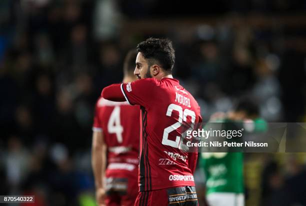 Brwa Nouri of Ostersunds FK dejected during the Allsvenskan match between Jonkopings Sodra IF and Ostersunds FK at Stadsparksvallen on November 5,...