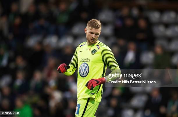 Anton Cajtoft, goalkeeper of Jonkopings Sodra during the Allsvenskan match between Jonkopings Sodra IF and Ostersunds FK at Stadsparksvallen on...