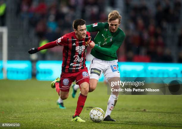 Jamie Hopcutt of Ostersunds FK and Jesper Svensson of Jonkopings Sodra competes for the ball during the Allsvenskan match between Jonkopings Sodra IF...