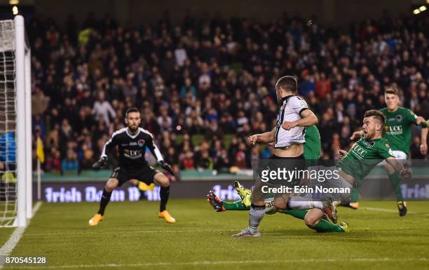 Dublin , Ireland - 5 November 2017; Michael Duffy of Dundalk in action against Steven Beattie of Cork City during the Irish Daily Mail FAI Senior Cup...