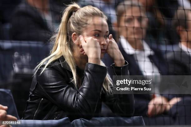 Jack Sock's girlfriend Michala Burns is seen supporting her boyfriend during the final of the Rolex Paris Masters at Hotel Accor Arena Bercy on...