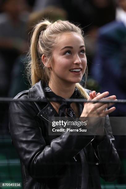 Jack Sock's girlfriend Michala Burns is seen supporting her boyfriend during the final of the Rolex Paris Masters at Hotel Accor Arena Bercy on...