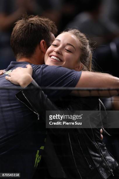 Jack Sock's girlfriend Michala Burns is seen supporting her boyfriend during the final of the Rolex Paris Masters at Hotel Accor Arena Bercy on...