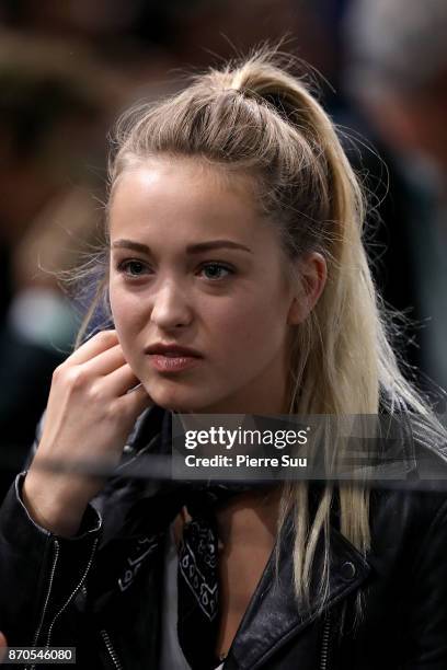 Jack Sock's girlfriend Michala Burns is seen supporting her boyfriend during the final of the Rolex Paris Masters at Hotel Accor Arena Bercy on...