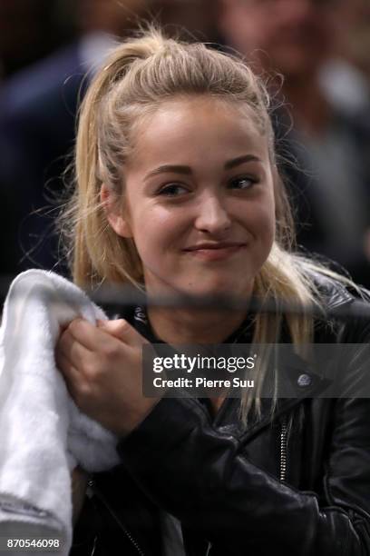 Jack Sock's girlfriend Michala Burns is seen supporting her boyfriend during the final of the Rolex Paris Masters at Hotel Accor Arena Bercy on...