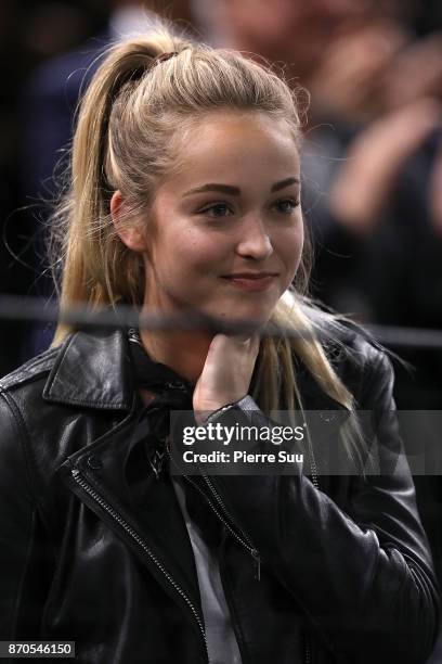 Jack Sock's girlfriend Michala Burns is seen supporting her boyfriend during the final of the Rolex Paris Masters at Hotel Accor Arena Bercy on...