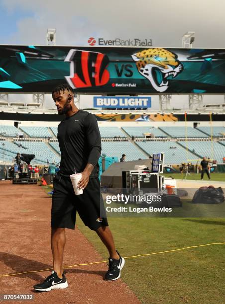 Aaron Colvin of the Jacksonville Jaguars leaves the field prior to the start of their game against the Cincinnati Bengals at EverBank Field on...