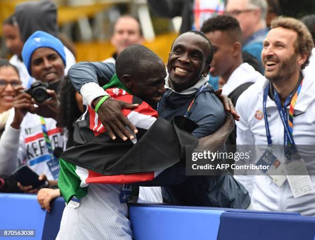 Geoffrey Kamworor of Kenya celebrates winning the Men's Division during the 2017 TCS New York City Marathon in New York on November 5, 2017. Five...