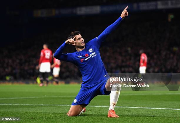 Alvaro Morata of Chelsea celebrates scoring his sides first goal during the Premier League match between Chelsea and Manchester United at Stamford...