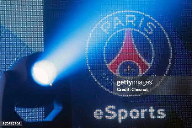 The logo of the Paris Saint-Germain eSports team is displayed during an electronic video game tournament during the "Paris Games Week" on November 5,...