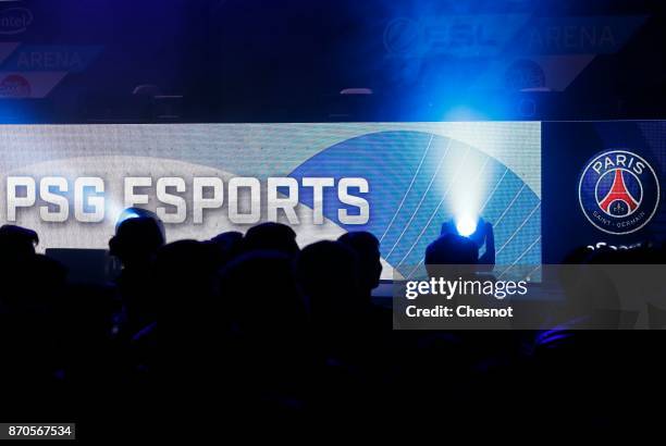 The logo of the Paris Saint-Germain eSports team is displayed during an electronic video game tournament during the "Paris Games Week" on November 5,...