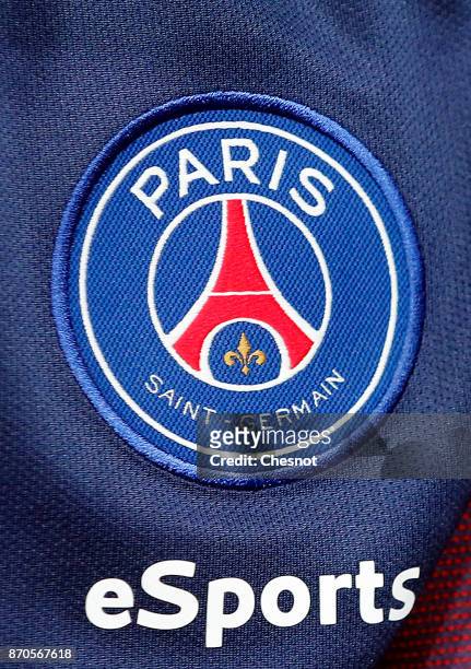 The logo of the Paris Saint-Germain eSports team is displayed on the Lucas Cuillerier jersey as he competes in the final of the video game 'FIFA 18'...