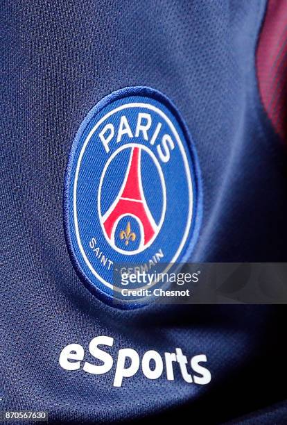 The logo of the Paris Saint-Germain eSports team is displayed on the Lucas Cuillerier jersey as he competes in the final of the video game 'FIFA 18'...