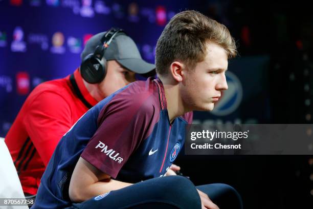 French player E-Sports, Lucas Cuillerier, gamertag 'DaXe' of the eSports team of Paris Saint-Germain competes in the final of the video game 'FIFA...