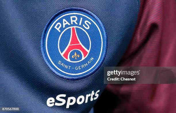 The logo of the Paris Saint-Germain eSports team is displayed on the Lucas Cuillerier jersey as he competes in the final of the video game 'FIFA 18'...